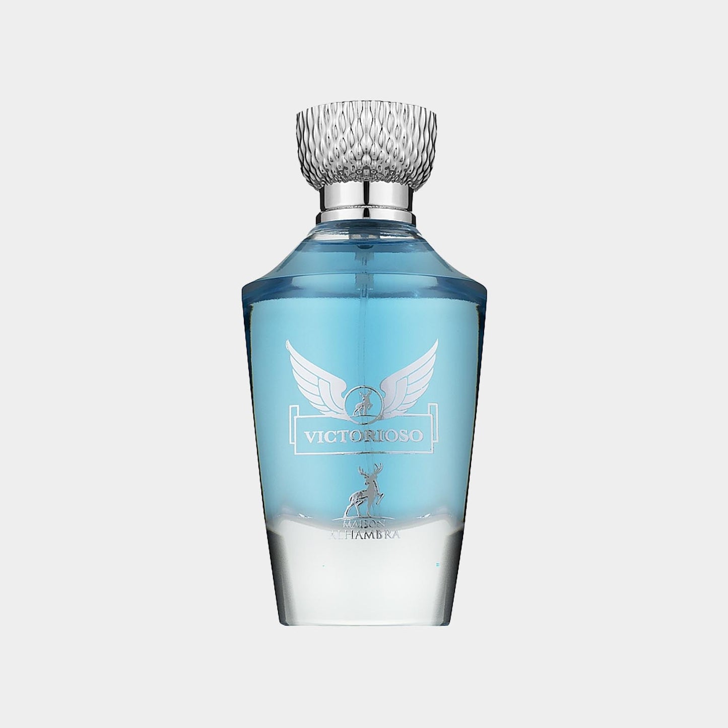 Maison Alhambra Victorioso EDP Sample in een elegant flacon met een zilveren dop, gevuld met een zachte blauwe geur.