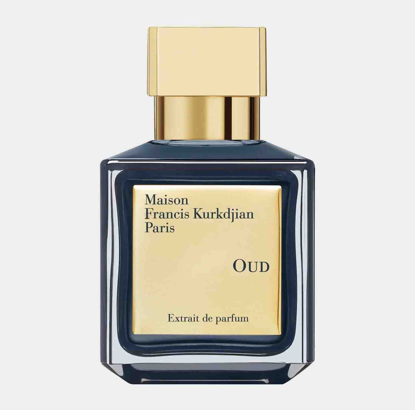 Sample van de Maison Francis Kurkdjian Oud EXDP, gepresenteerd in een luxe glazen fles met gouden accenten, perfect voor een onvergetelijke geurervaring.