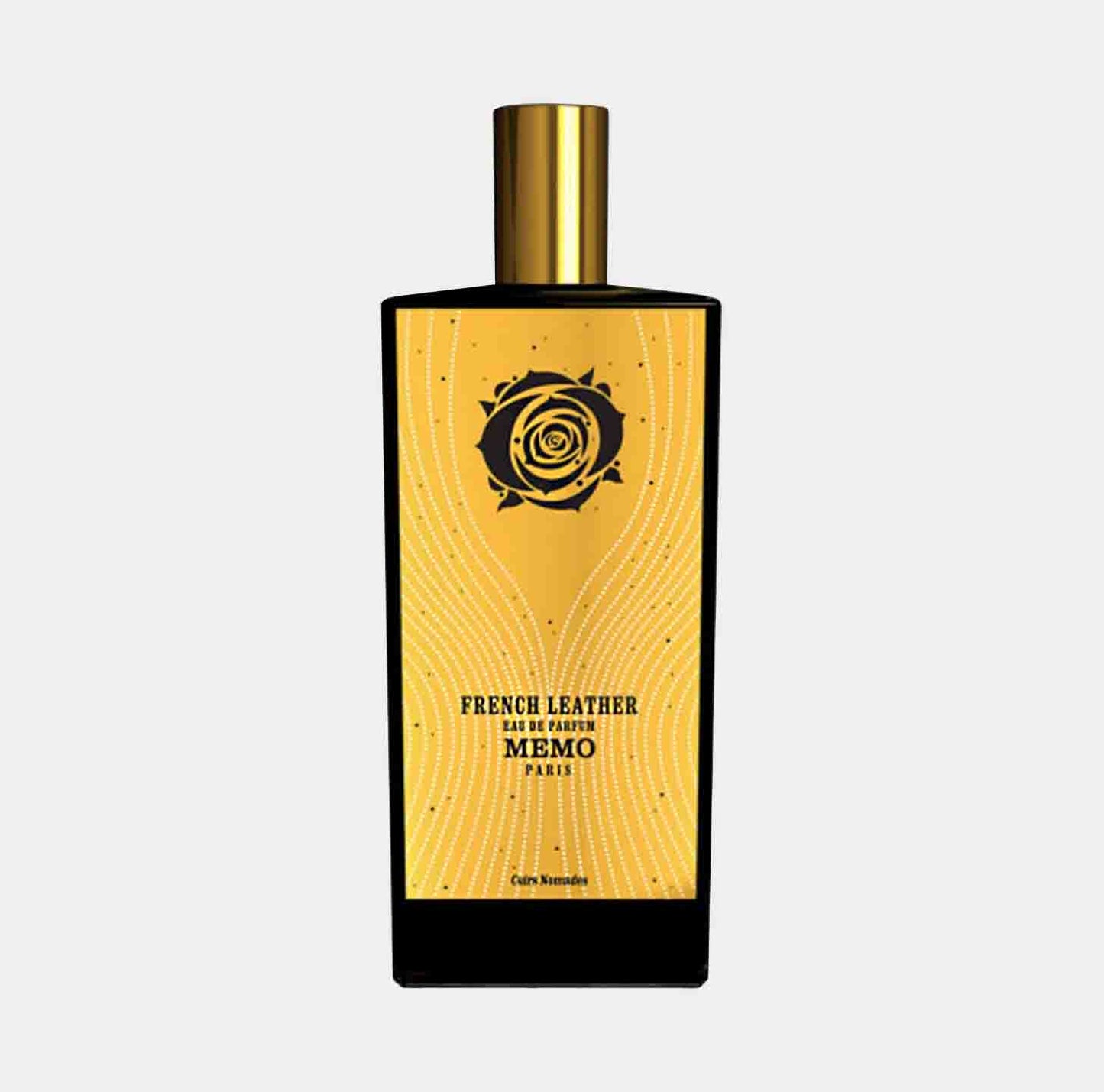 Memo Paris French Leather Sample, een elegante geur in een zwarte flacon met een gouden label en een rozenmotief, perfect voor liefhebbers van luxe parfums.