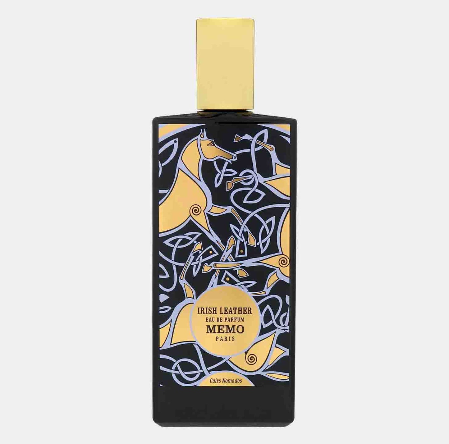 Memo Paris Irish Leather Sample, een elegante geur in een zwart flacon met een artistiek ontwerp en een gouden dop, perfect voor liefhebbers van luxe parfum.