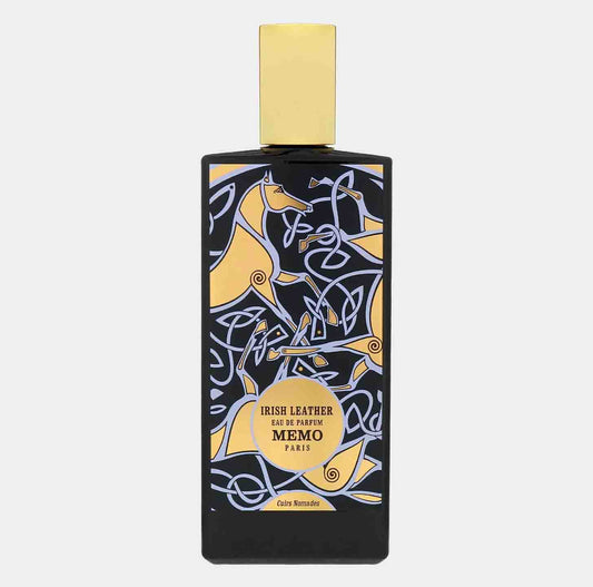 Memo Paris Irish Leather Sample, een elegante geur in een zwart flacon met een artistiek ontwerp en een gouden dop, perfect voor liefhebbers van luxe parfum.