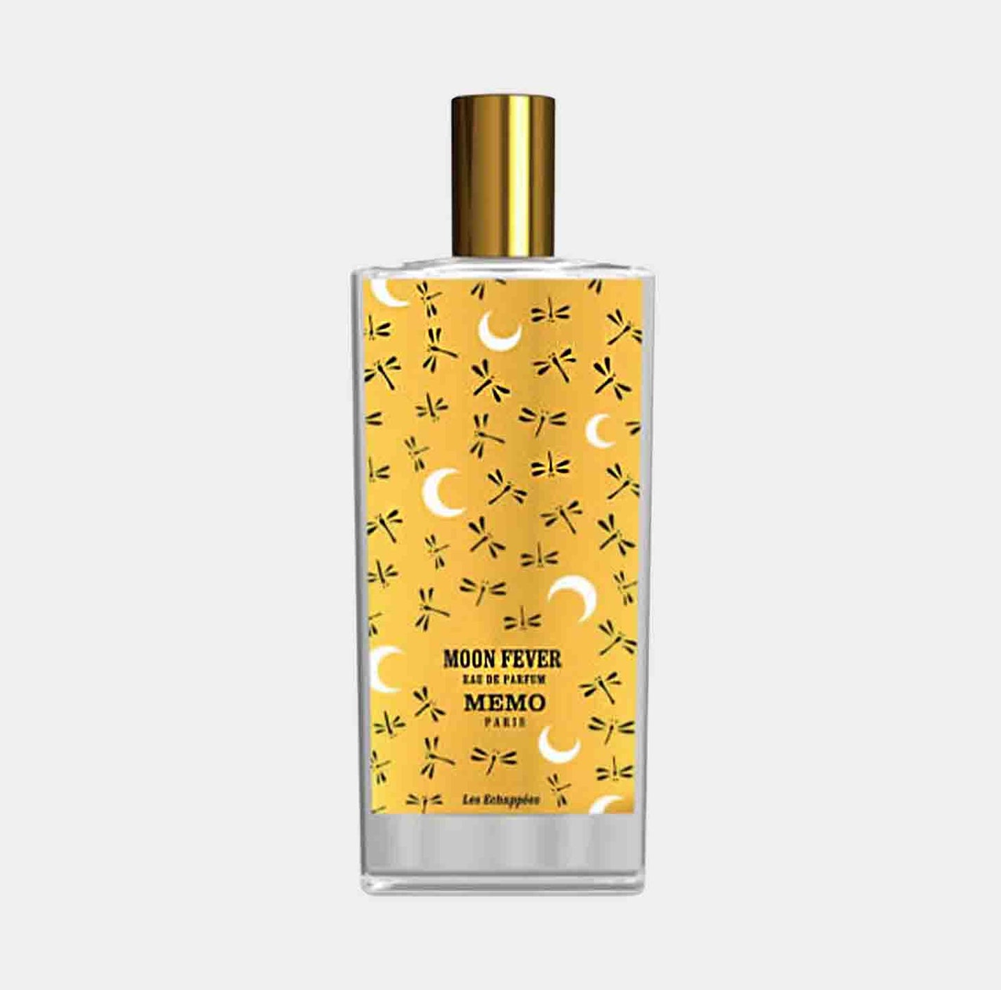 Memo Paris Moon Fever sample, een geur in een elegant ontwerp met een gele fles versierd met maansikkels en libellen.