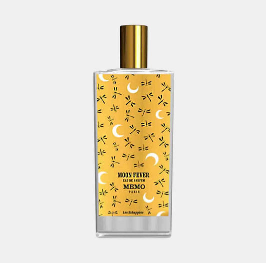 Memo Paris Moon Fever sample, een geur in een elegant ontwerp met een gele fles versierd met maansikkels en libellen.