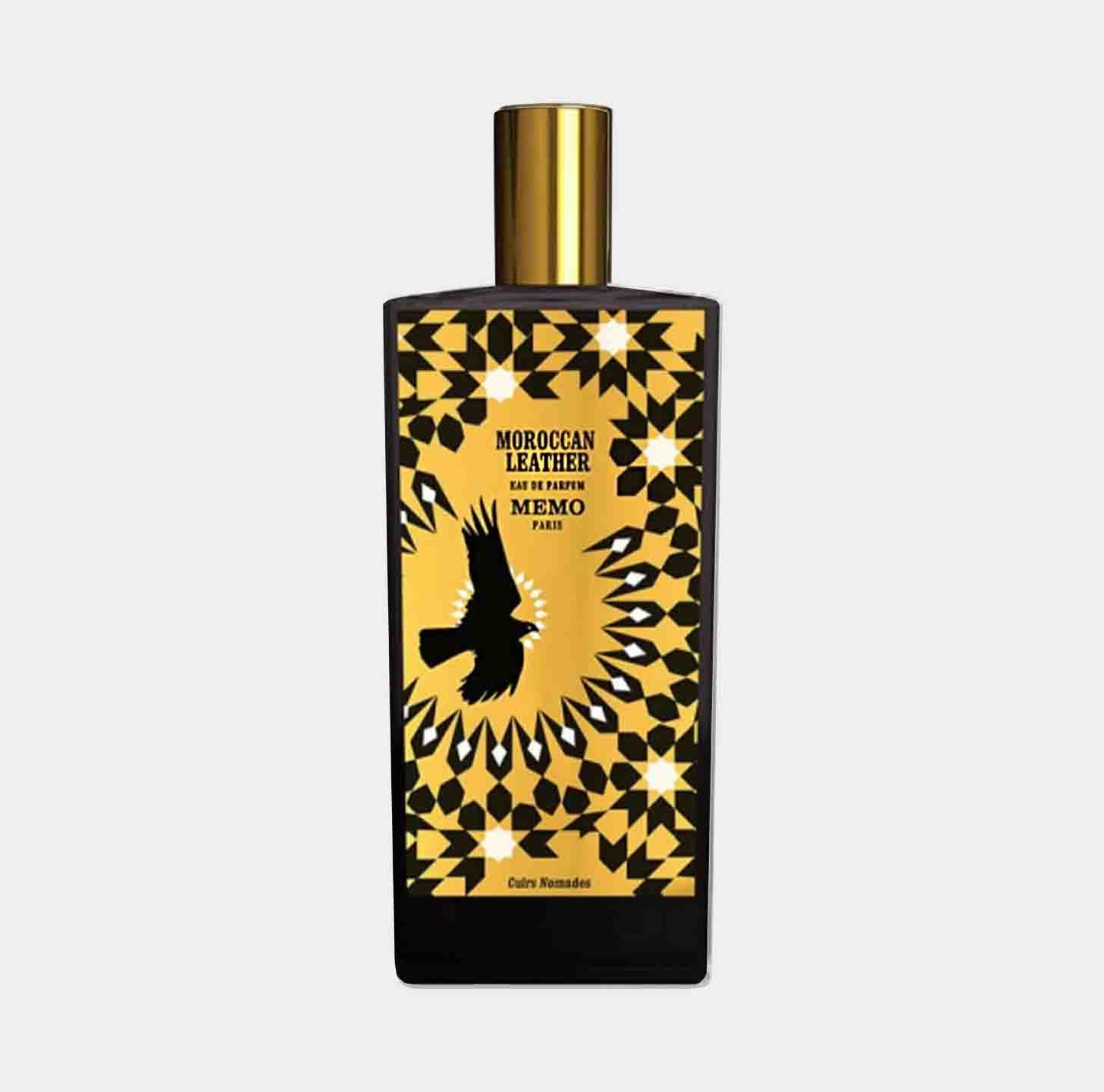 Memo Paris Moroccan Leather Sample, een luxe parfumfles met een opvallende gouden en zwarte verpakking, versierd met geometrische patronen en een afbeelding van een vogel.