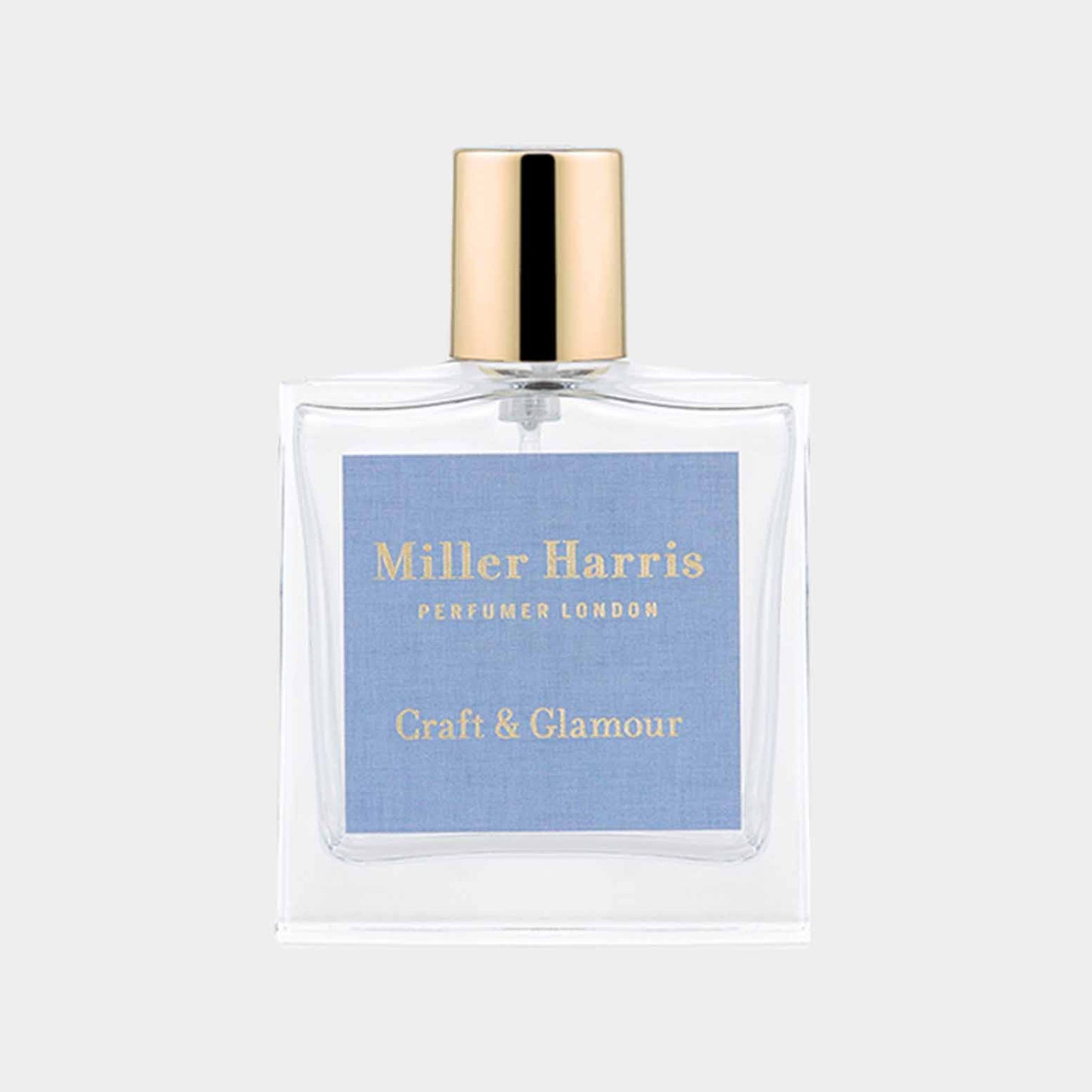 Sampleflesje van Miller Harris Craft & Glamour, met een elegante verpakking en een gouden dop. Het ontwerp straalt luxe en verfijning uit.
