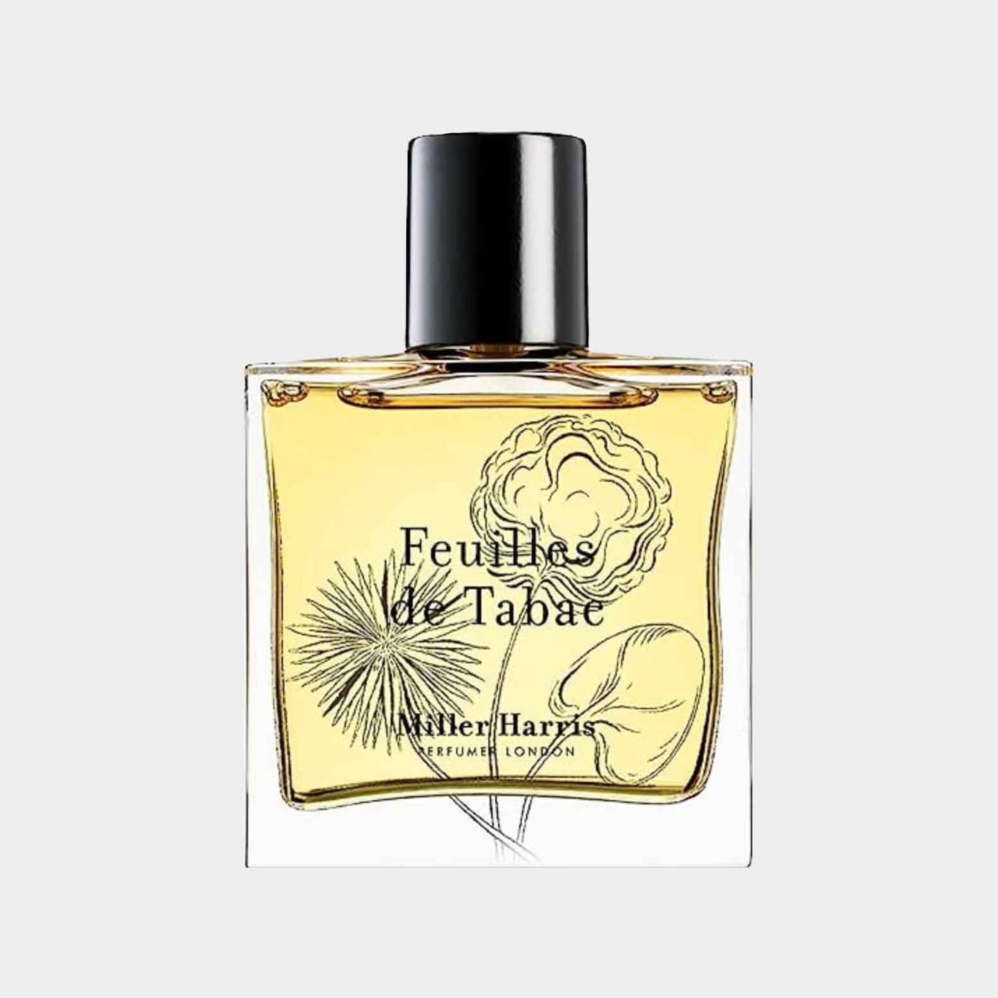 Monsterflesje van Miller Harris Feuilles de Tabac, met een opvallend ontwerp en een heldergeel parfum dat natuurlijke elementen en tabaksnoten combineert.