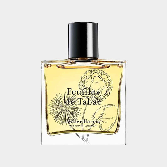 Monsterflesje van Miller Harris Feuilles de Tabac, met een opvallend ontwerp en een heldergeel parfum dat natuurlijke elementen en tabaksnoten combineert.
