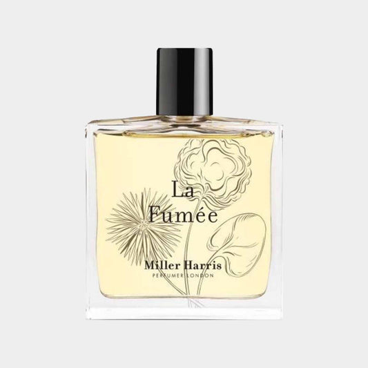 Sampleflacon van Miller Harris La Fumée, een elegante geur met botanische illustraties op de fles. Perfect voor een nieuwe geurervaring.