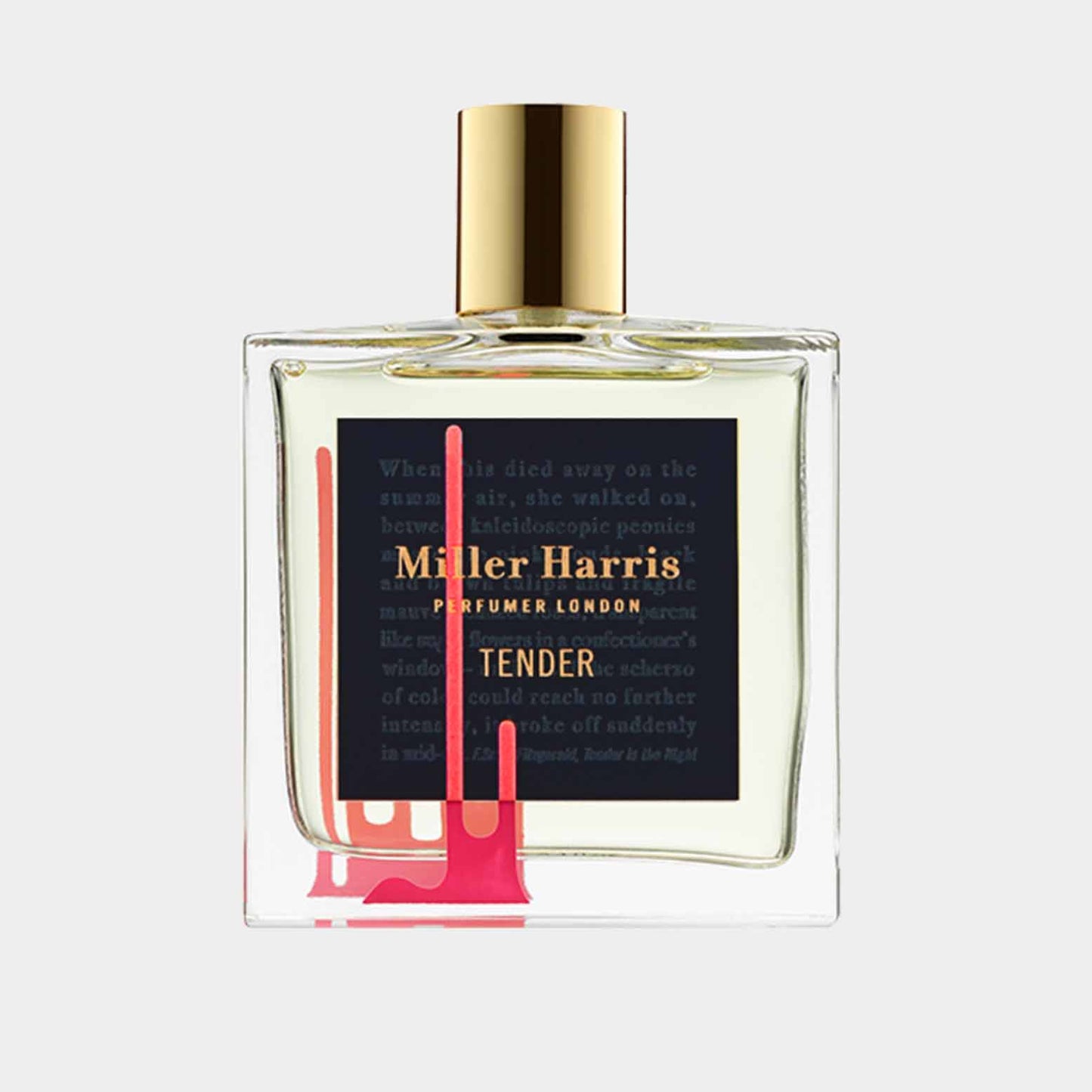 Miller Harris Tender Sample, een elegante parfumfles met een stijlvolle gouden dop en een kleurrijke etiket, die de essentie van een bloemige geur vangt.