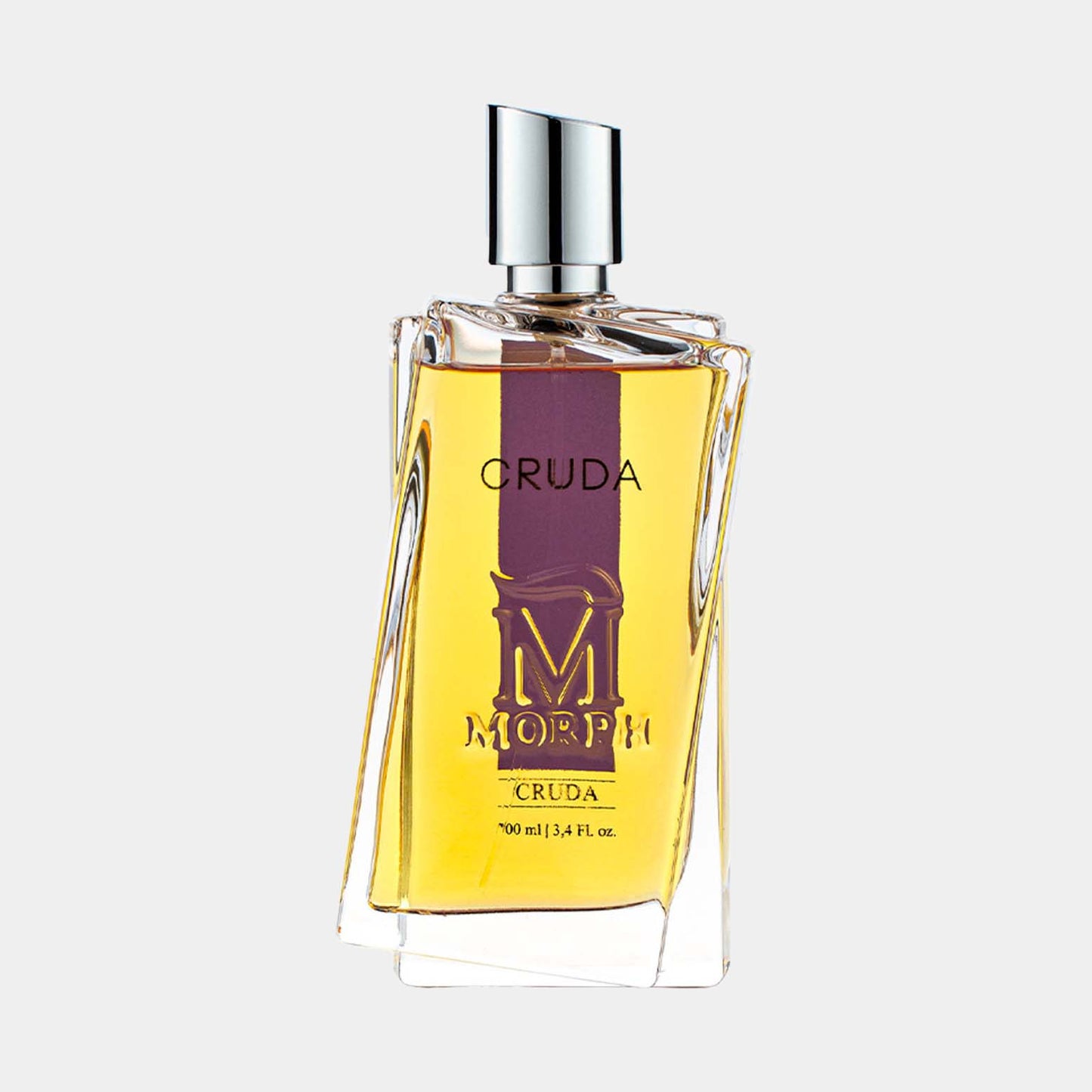 Een fles Morph Cruda Sample parfum van 100 ml, met een uniek, modern design en een gouden vloeistof erin. De fles heeft een elegante vorm en toont de merknaam duidelijk op de voorkant.