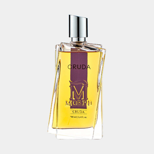 Een fles Morph Cruda Sample parfum van 100 ml, met een uniek, modern design en een gouden vloeistof erin. De fles heeft een elegante vorm en toont de merknaam duidelijk op de voorkant.