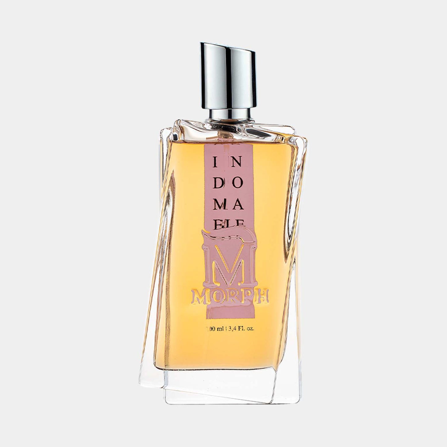 Morph Indomable Sample - een verfijnde parfumflacon met een unieke, moderne vorm en een delicate amberkleurige vloeistof.