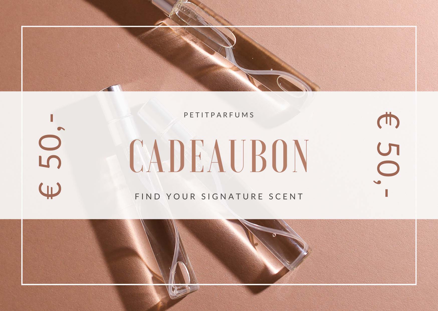 PetitParfums Cadeaubon ter waarde van €50,- voor het vinden van jouw signature geur, weergegeven met stijlvolle parfumflacons.