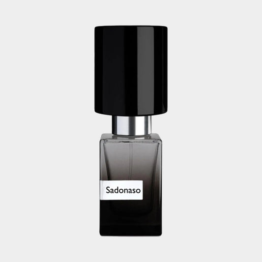 Een sample van Nasomatto Sadonaso in een elegant, zwart glazen flesje met een opvallende zwarte dop. Het ontwerp benadrukt de luxe en verfijning van deze unieke geur.