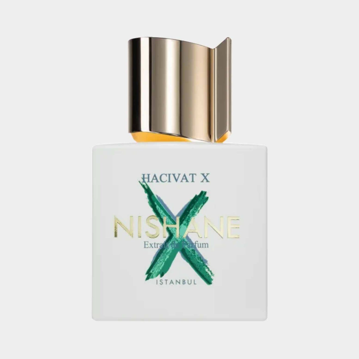 Een flesje Nishane Hacivat X EXDP Sample, met een elegante gouden dop en een moderne witte verpakking, versierd met groene en gouden accenten. Dit luxe parfum is geïnspireerd op Istanbul.