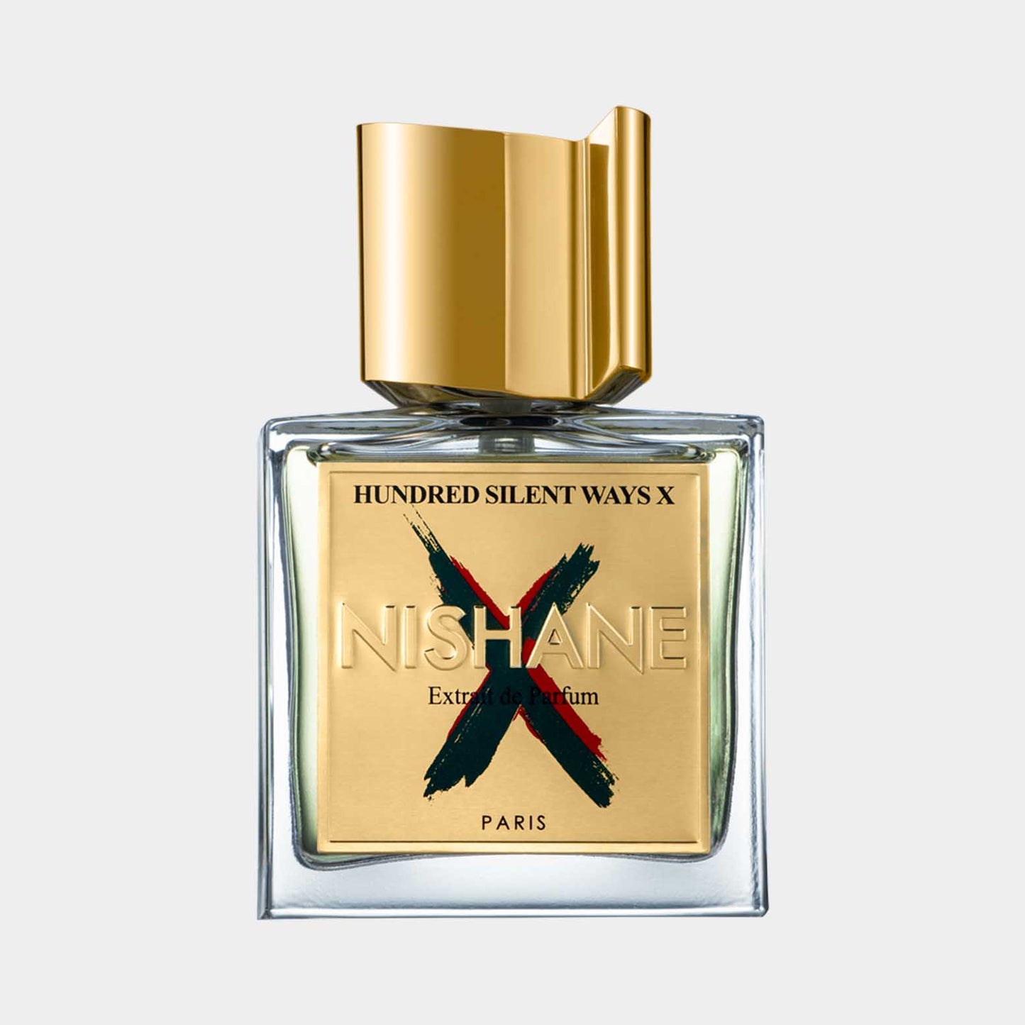 Nishane Hundred Silent Ways X EXDP sample, een luxe parfum in een elegante glazen flacon met een gouden dop en kleurrijke artistieke details op de verpakking.