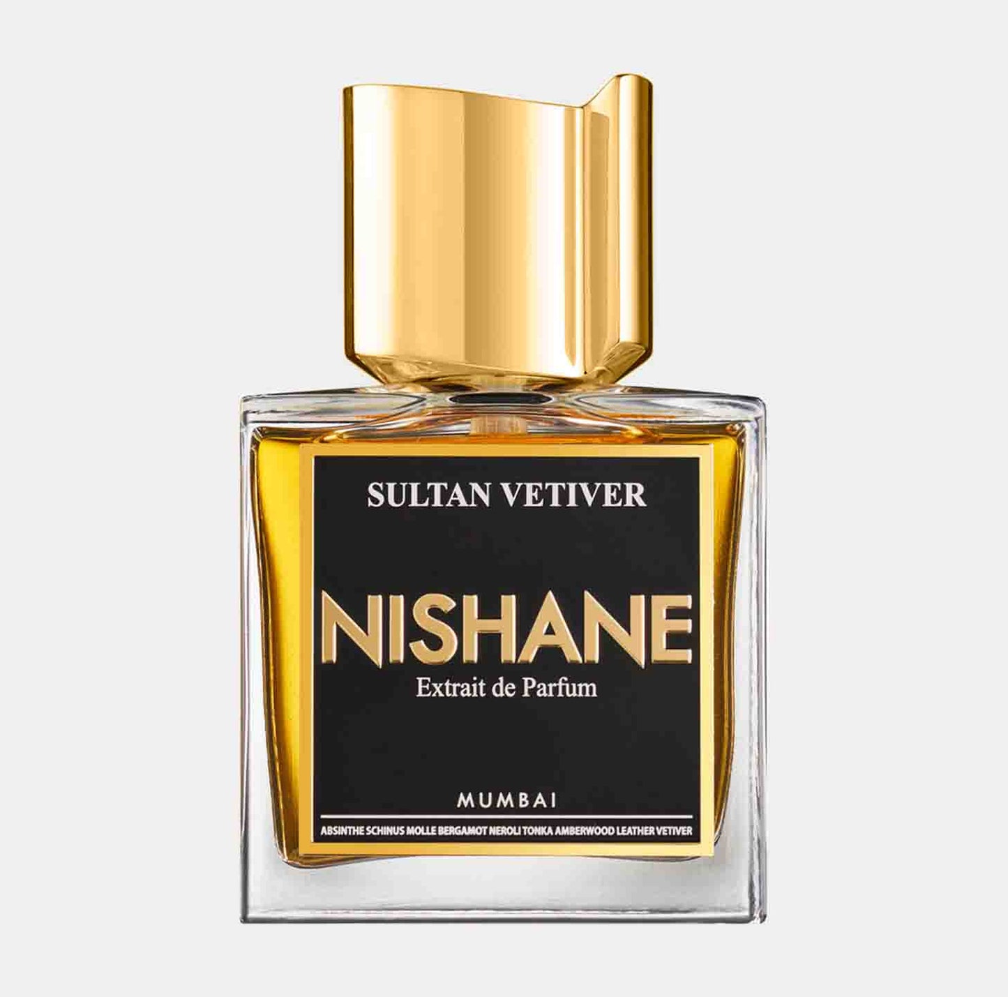 Nishane Sultan Vetiver EXDP Sample, een elegant parfum in een verfijnde fles met een gouden dop, met, aromatische noten van vetiver en hout.