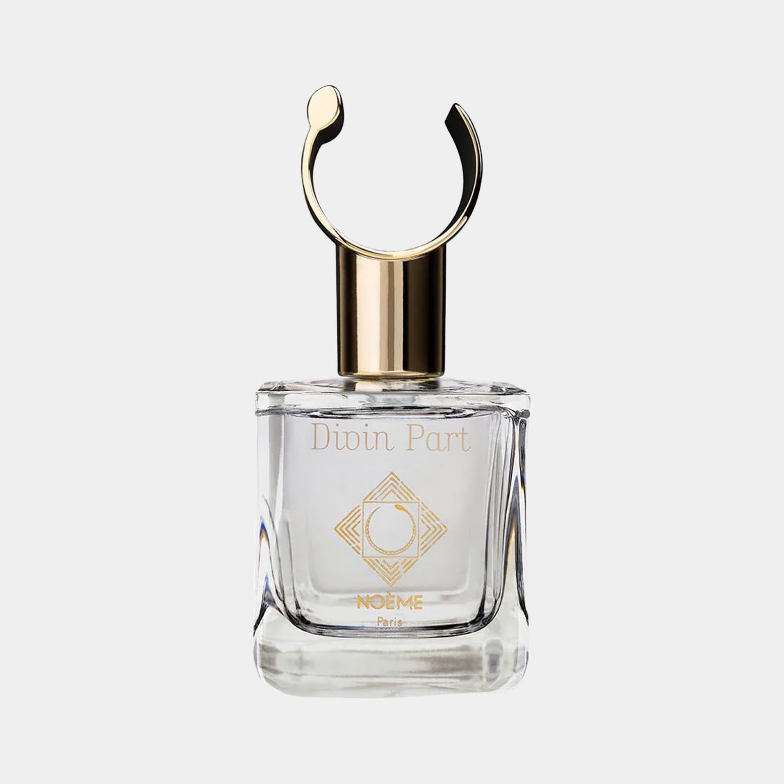 Noème Paris Divin Part Sample, een elegante parfumfles met een gouden dop en een minimalistisch ontwerp.