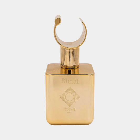 Noème Paris Khalil Sample, een luxe geur in een gouden flacon met een elegant design en opvallende kurk.