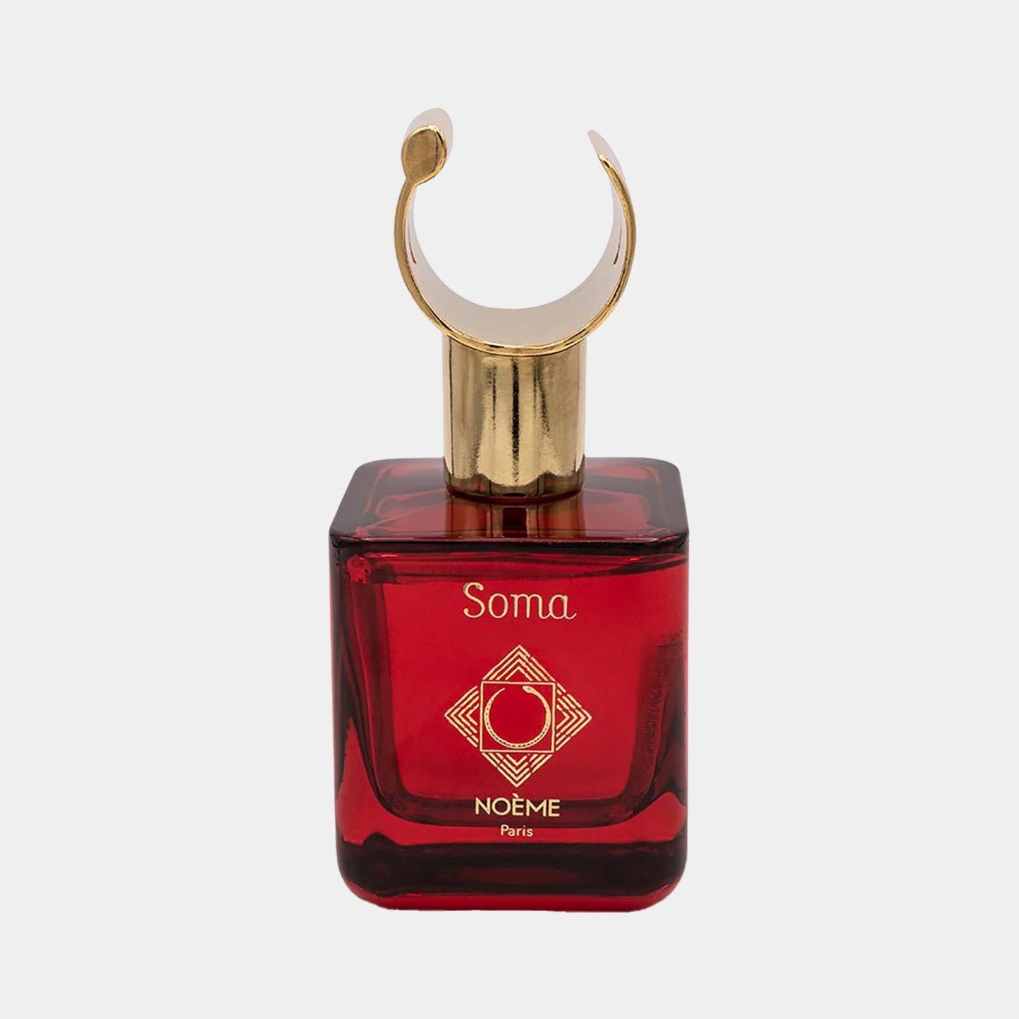 Noème Paris Soma Sample, een luxe parfumfles met een opvallende gouden dop en een diep rode vloeistof, perfect voor persoonlijke geurervaringen.