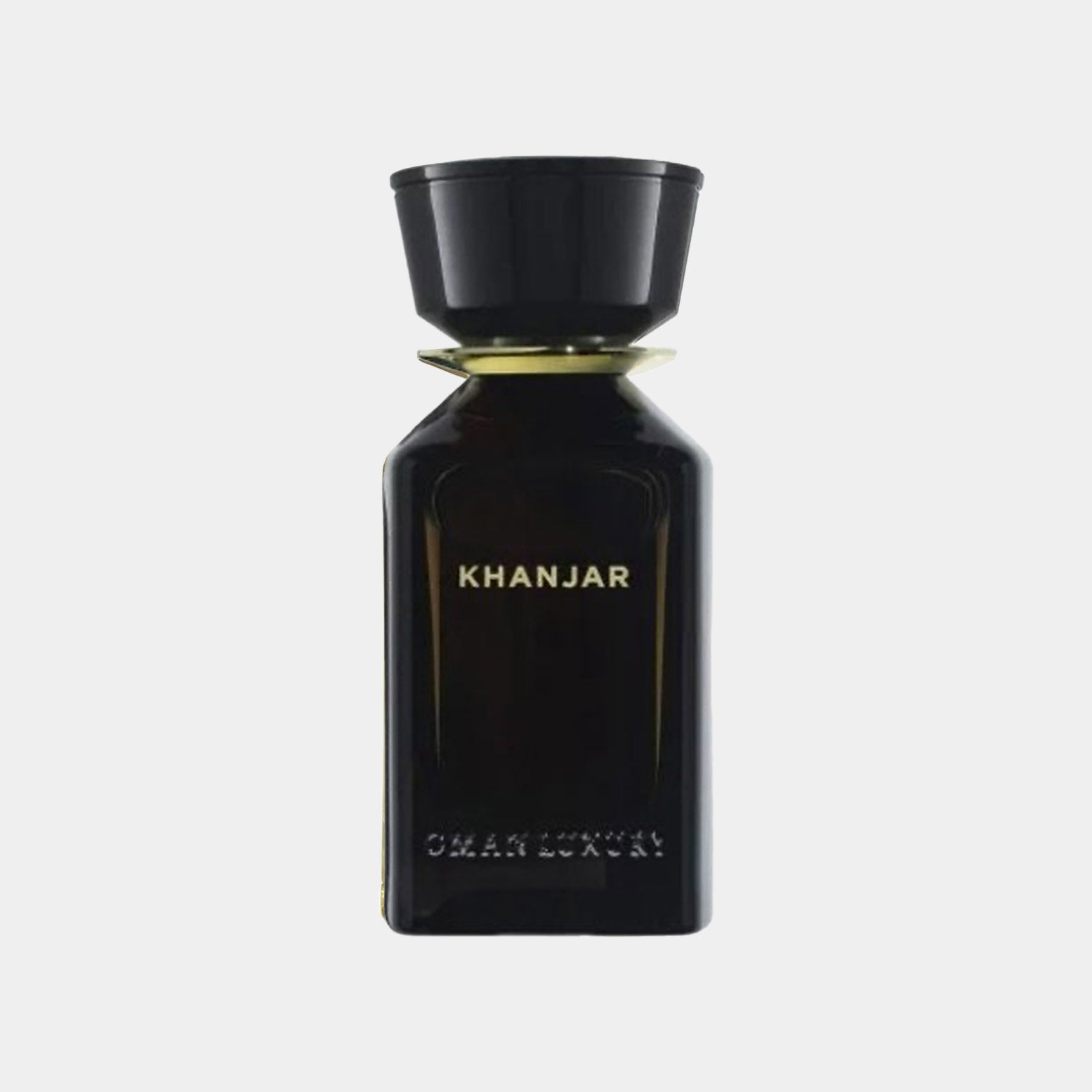 Omanluxury Khanjar Sample in een elegant, zwart parfumflesje met gouden details, perfect voor een luxe geurervaring.