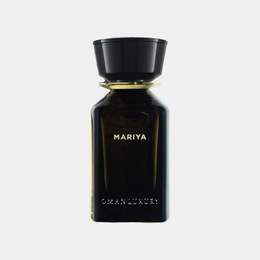 Omanluxury Mariya Sample - een elegante parfumfles met een verfijnd, donker ontwerp en een gouden accent, perfect voor een luxueuze geurervaring.