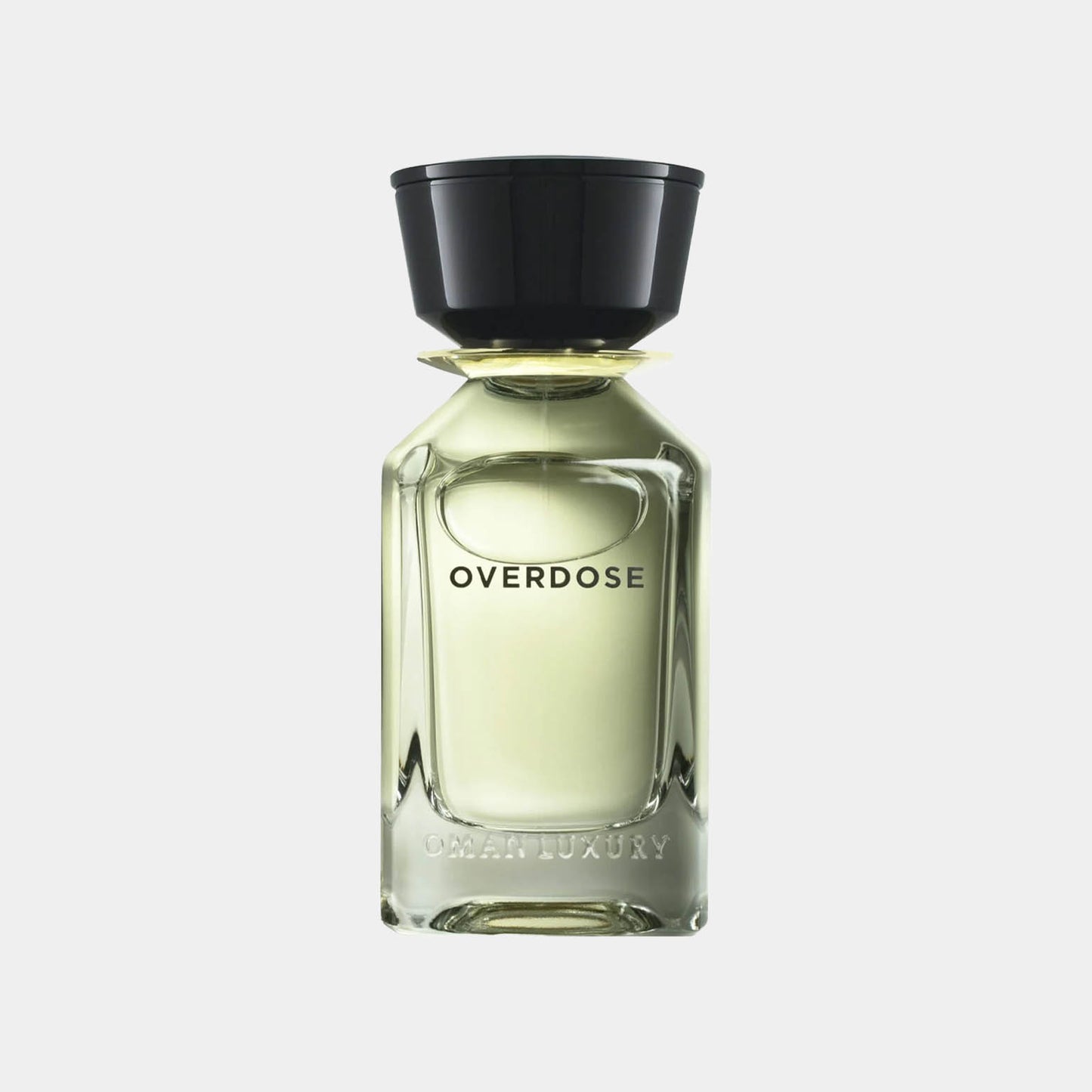 Omanluxury Overdose Sample, een elegante parfumfles met een strakke, moderne uitstraling en een zwart gekleurde dop.