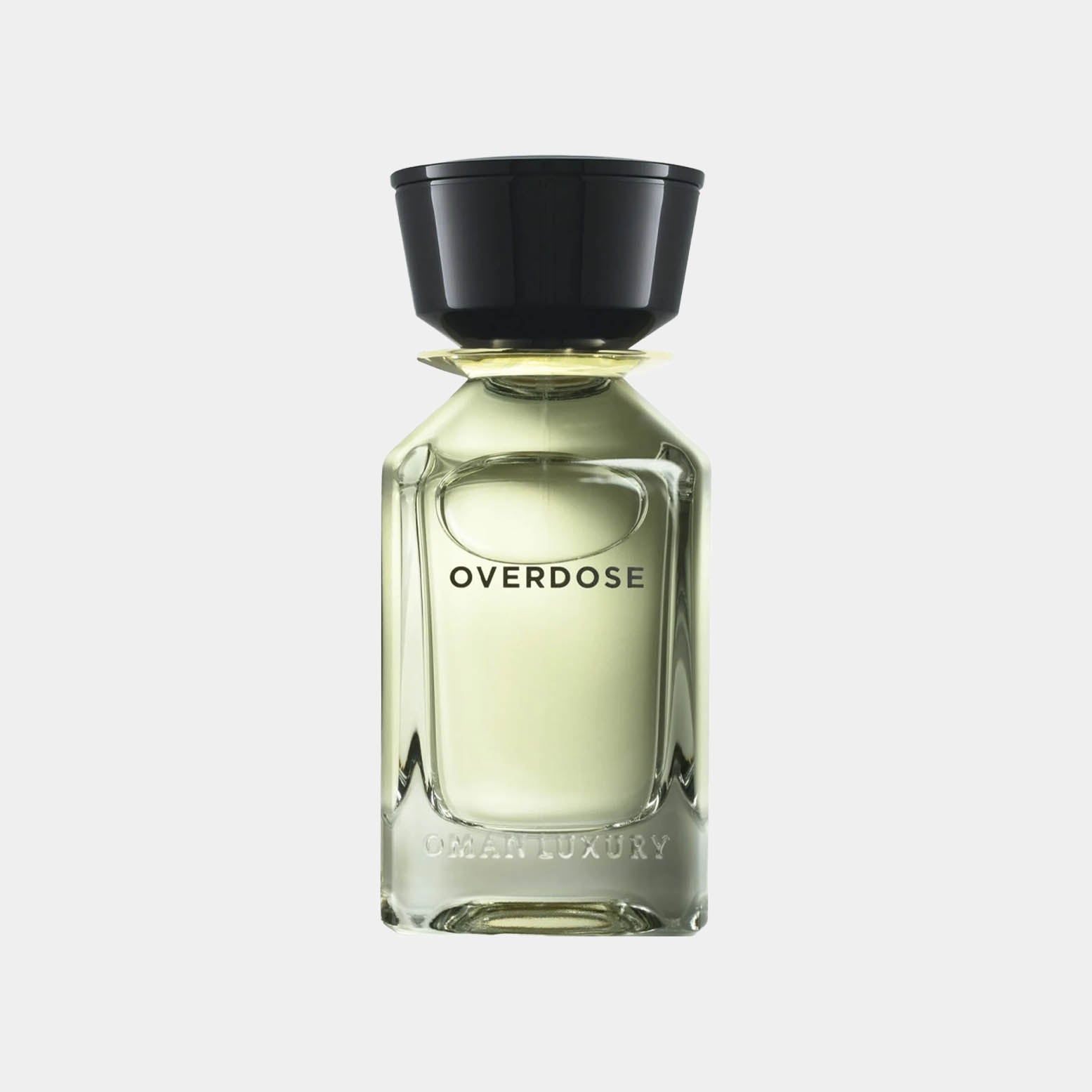 Omanluxury Overdose Sample, een elegante parfumfles met een strakke, moderne uitstraling en een zwart gekleurde dop.