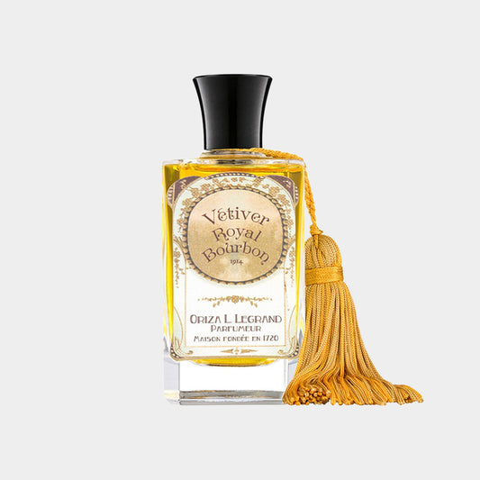 Fles parfum Oriza L. Legrand Vetiver Royal Bourbon, met een elegante verpakking en een gouden kwastje. De geur is geïnspireerd op rijke vetivernoten.