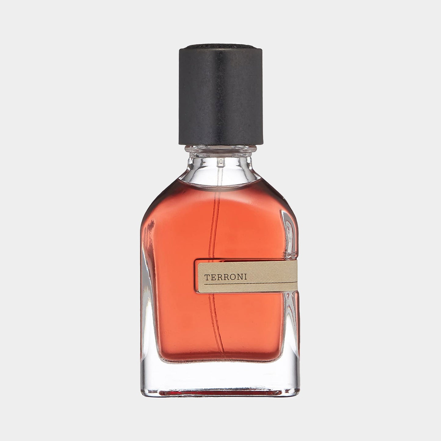 Orto Parisi Terroni Sample - een elegante parfumfles met een warme, diep oranje kleur en een stijlvolle zwarte dop.