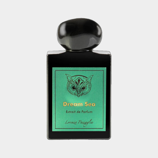 Lorenzo Pazzaglia Dream Sea Sample, een verfijnde parfumbotol met een elegante zwarte glazen structuur en een groene label, dat de essentie van een dromerige oceaan vastlegt.