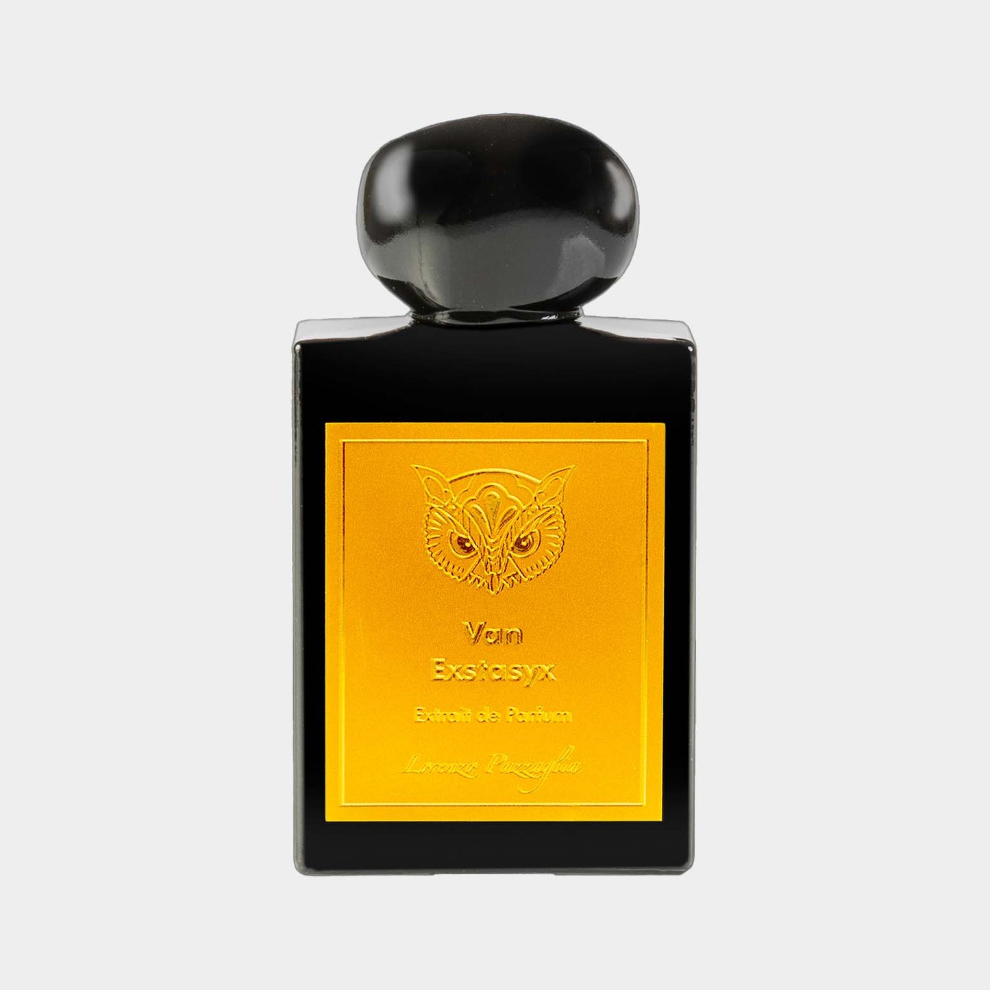 Fles van de Lorenzo Pazzaglia Van Exstasyx Sample, met een elegante zwarte vorm en een gouden etiket met een uillogo, bevat parfumextract.