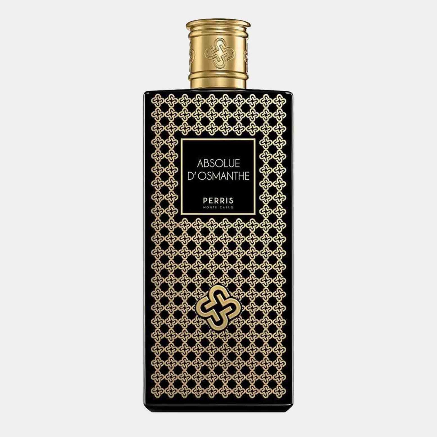 Een volle fles Perris Monte Carlo Absolue DOsmanthe met een elegant ontwerp in zwart en goud, versierd met een luxe patroon.