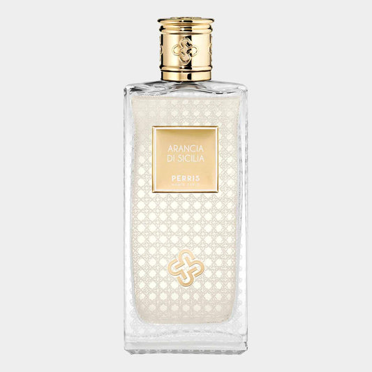 Klein sampleflesje van Perris Monte Carlo Arancia di Sicilia, een verfrissende geur met citrusnoten. De elegante glazen verpakking heeft een gouden dop en een verfijnd design.