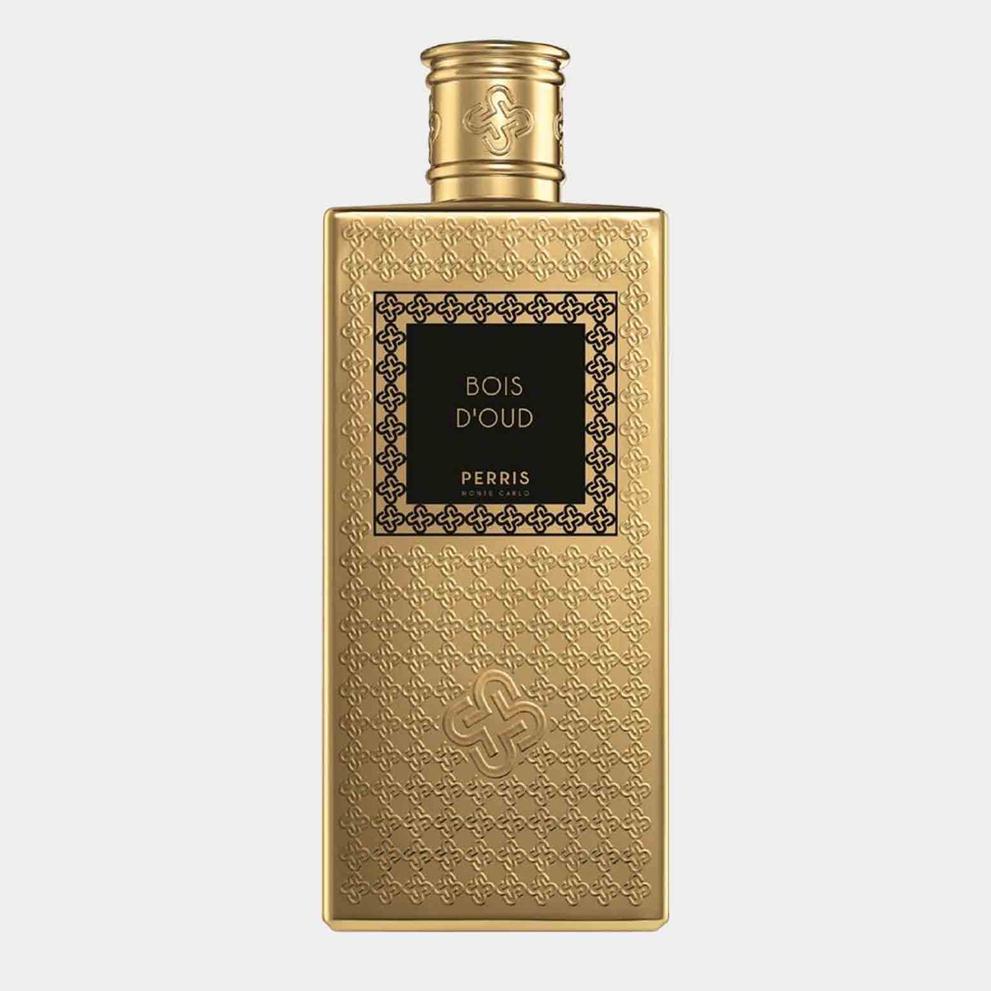 Perris Monte Carlo Bois DOud Sample, een luxueuze geur in een gouden fles met een verfijnd patroon en zwarte etikettering, die de rijke en houtachtige noten van oudh weerspiegelt.