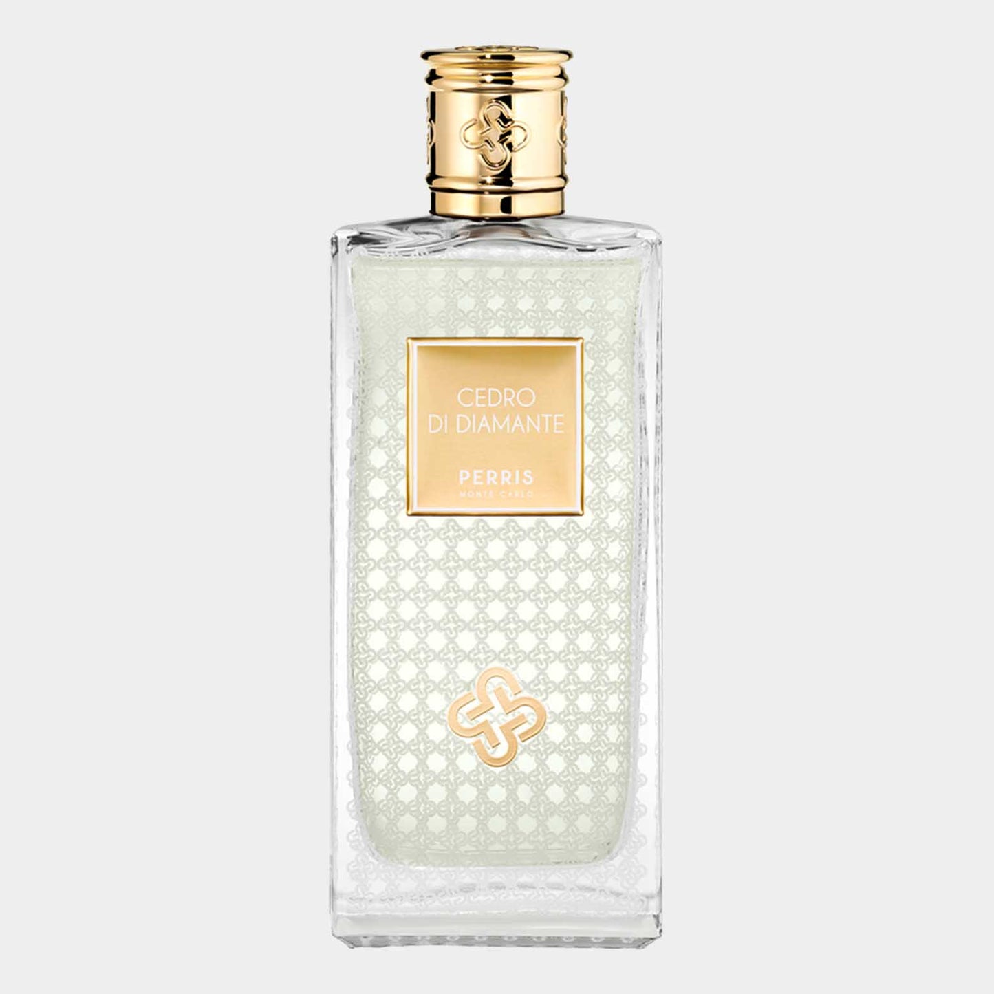 Perris Monte Carlo Cedro di Diamante Sample - een elegant parfumflesje met een verfijnde, doorzichtige uitstraling en gouden accenten.