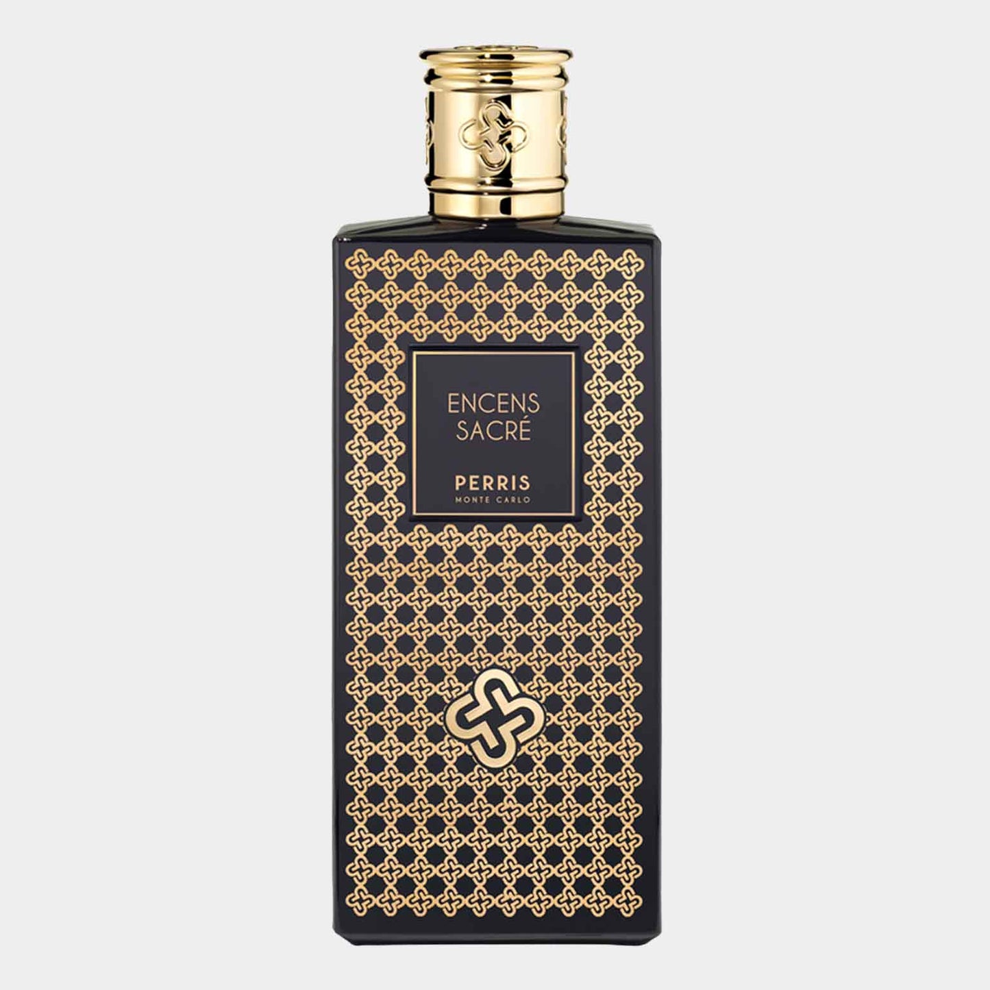 Perris Monte Carlo Encens Sacré Sample, een elegant parfum in een zwarte flacon met gouden details en een artistiek ontwerp. Perfect voor liefhebbers van unieke geuren.