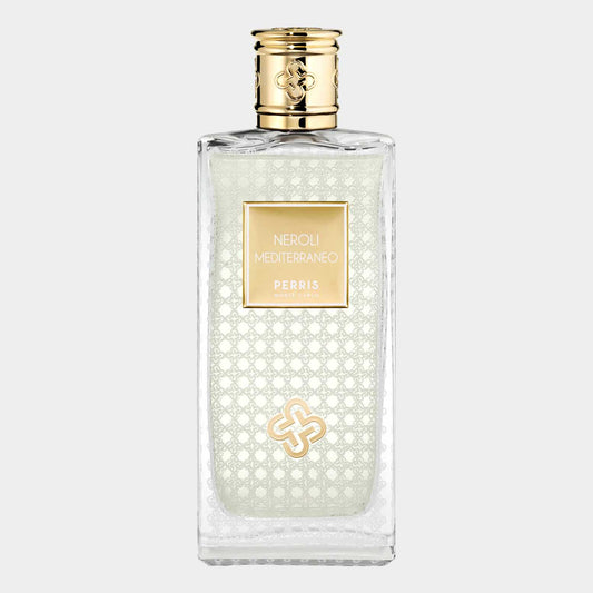 Flesje van de Perris Monte Carlo Neroli Mediterraneo parfum sample, met een elegant ontwerp en een lichtgroene vloeistof. De luxueuze verpakking bevat een gouden label met de merknaam en de geur.