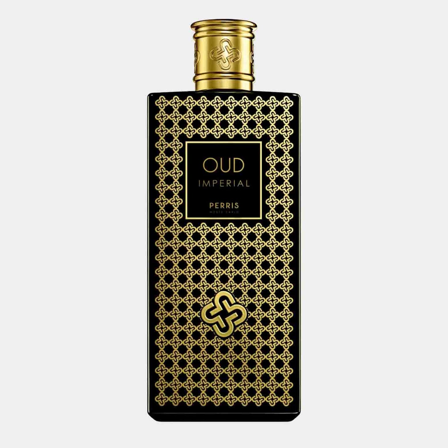 Perris Monte Carlo Oud Imperial Sample, een luxe parfum met een elegante zwarte en gouden verpakking, die een verfijnde geur van hout en specerijen belooft.