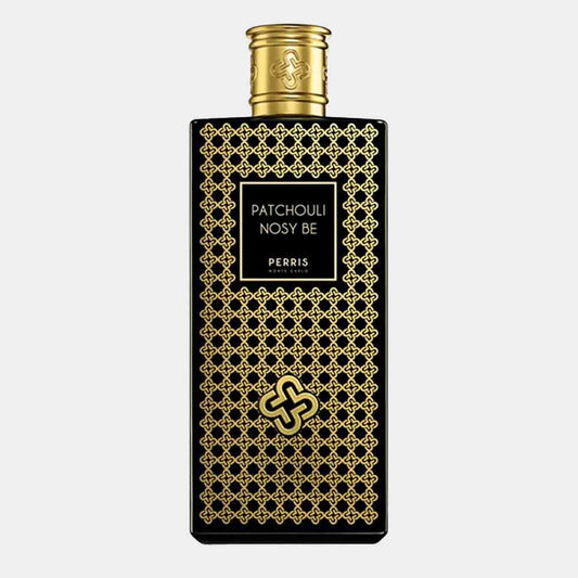 Perris Monte Carlo Patchouli Nosy Be Sample in een elegante zwarte fles met gouden details, versierd met een klassiek patroon.