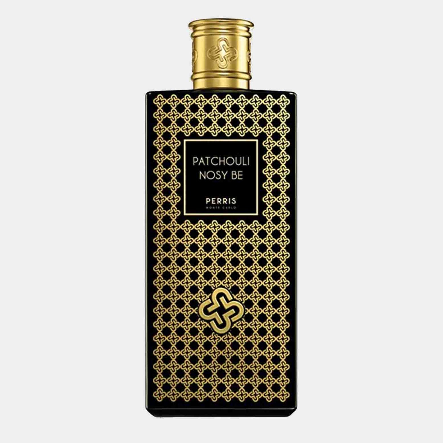 Perris Monte Carlo Patchouli Nosy Be full bottle met een elegant zwart en gouden ontwerp, perfect voor liefhebbers van luxe geuren.