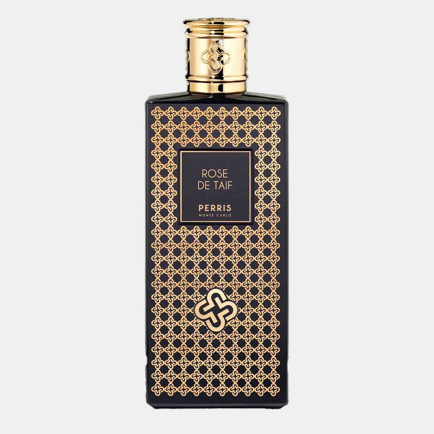 Perris Monte Carlo Rose de Taif Sample in a sleek, black glass bottle adorned with golden detailing and an intricate pattern.