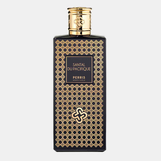 Monsterfles van Perris Monte Carlo Santal Du Pacifique, een luxe geur verpakt in een elegant zwart en gouden ontwerp.