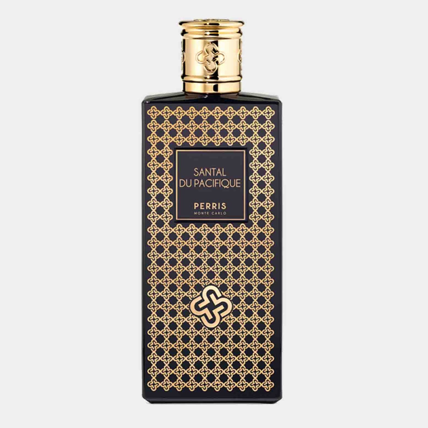 Volledige fles Perris Monte Carlo Santal Du Pacifique, gekleed in een elegante zwarte flacon met gouden accenten en een verfijnd patroon. Ideaal voor liefhebbers van luxe parfums.