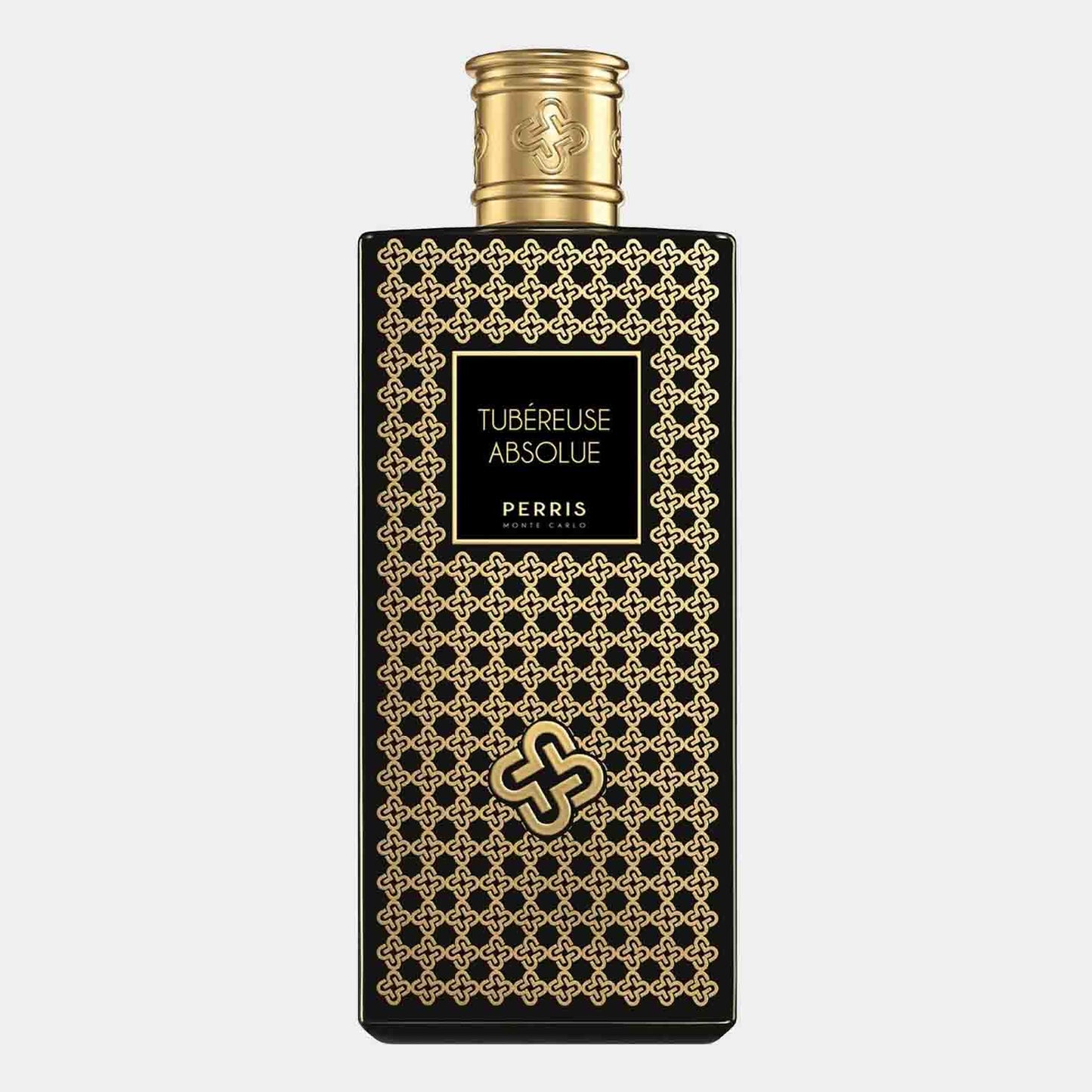 Perris Monte Carlo Tubéreuse Absolue Sample, een elegante parfumfles met een zwart-gouden ontwerp, ideaal voor liefhebbers van bloemige geuren.