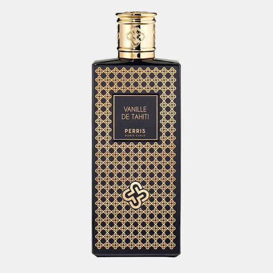 Perris Monte Carlo Vanille de Tahiti Sample in een elegante zwarte fles met gouden details, ideaal voor liefhebbers van warme, vanilleachtige geuren.