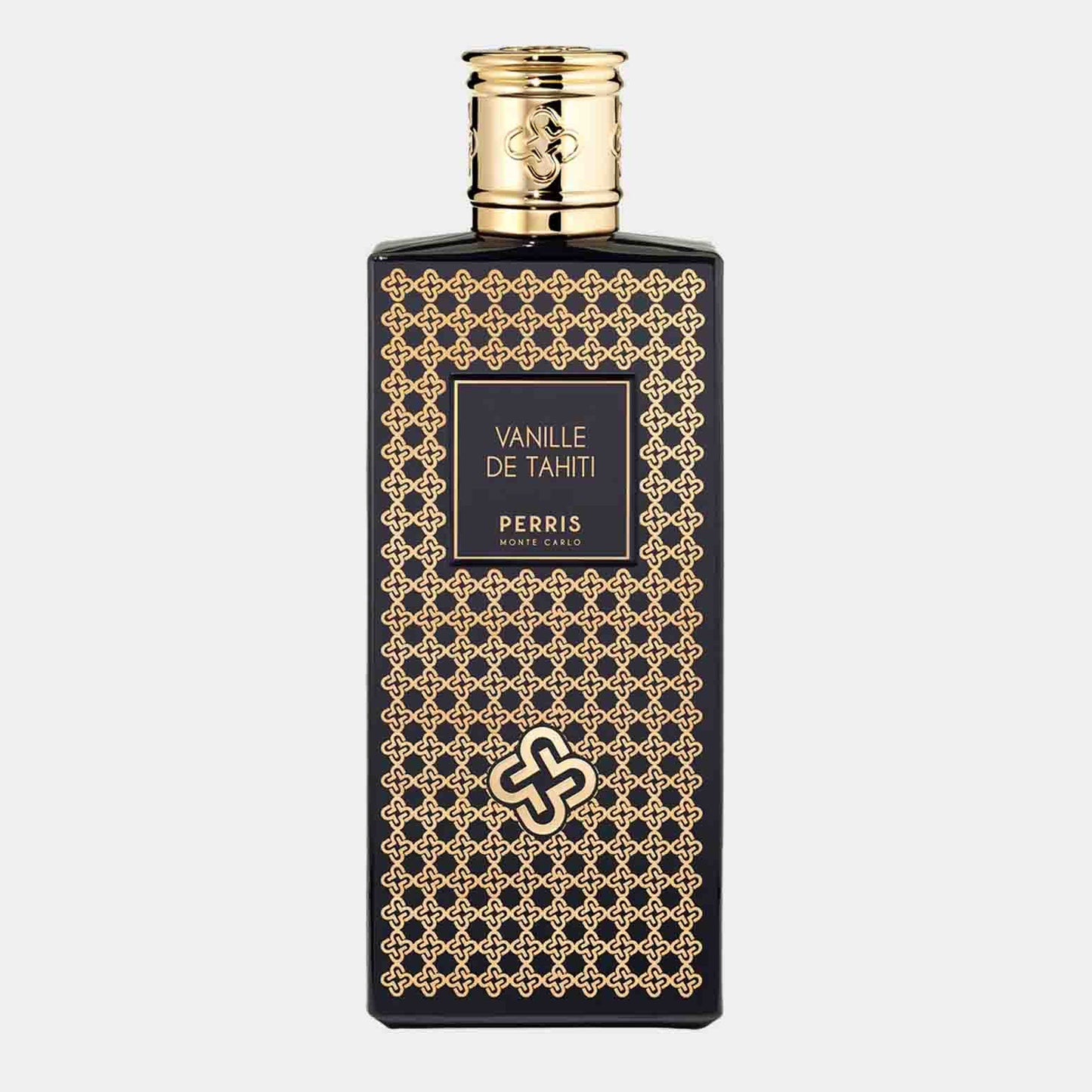 Perris Monte Carlo Vanille de Tahiti vol. fles, met een elegant zwart label en gouden details, vertegenwoordigt een luxe geur geïnspireerd door de rijke aromas van Tahiti.