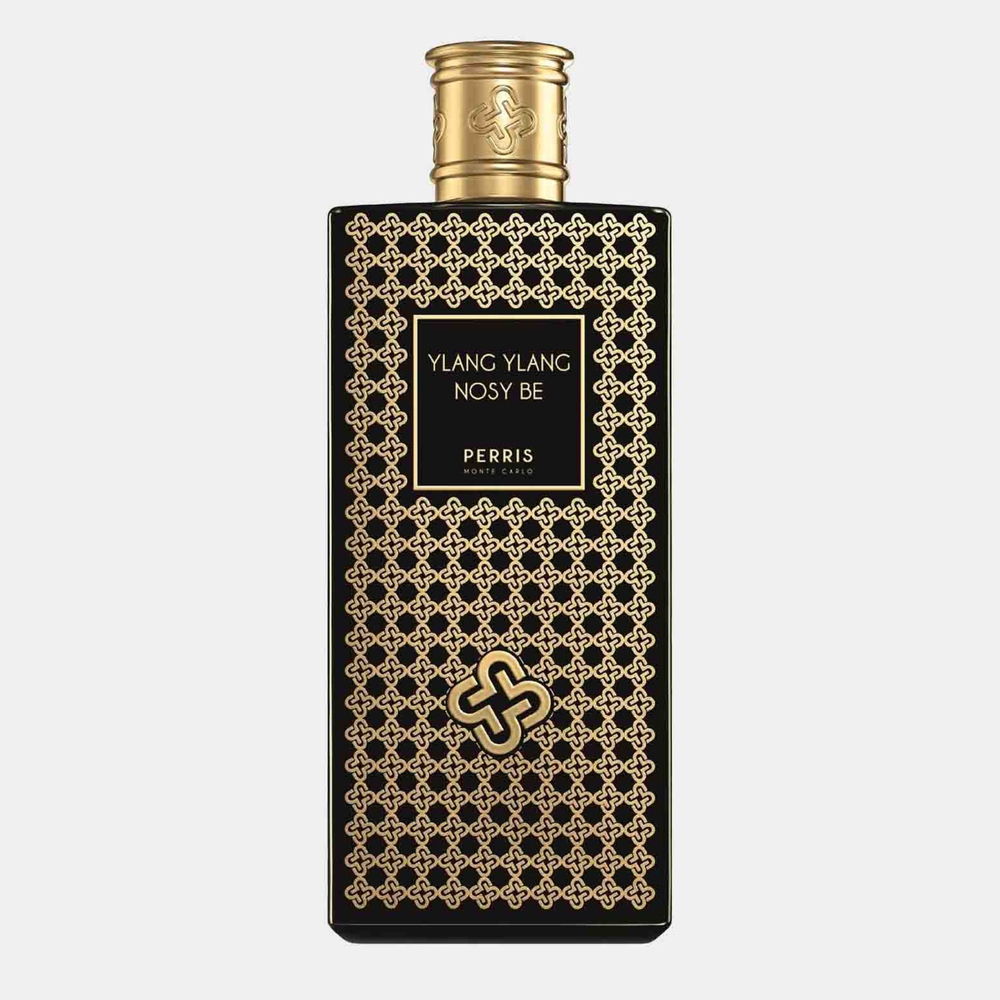 Perris Monte Carlo Ylang-Ylang Nosy Be sample flacon, versierd met een elegant gouden patroon op een zwarte achtergrond, perfect voor een luxe geurervaring.