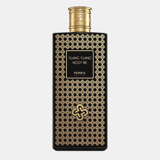 Perris Monte Carlo Ylang-Ylang Nosy Be sample flacon, versierd met een elegant gouden patroon op een zwarte achtergrond, perfect voor een luxe geurervaring.