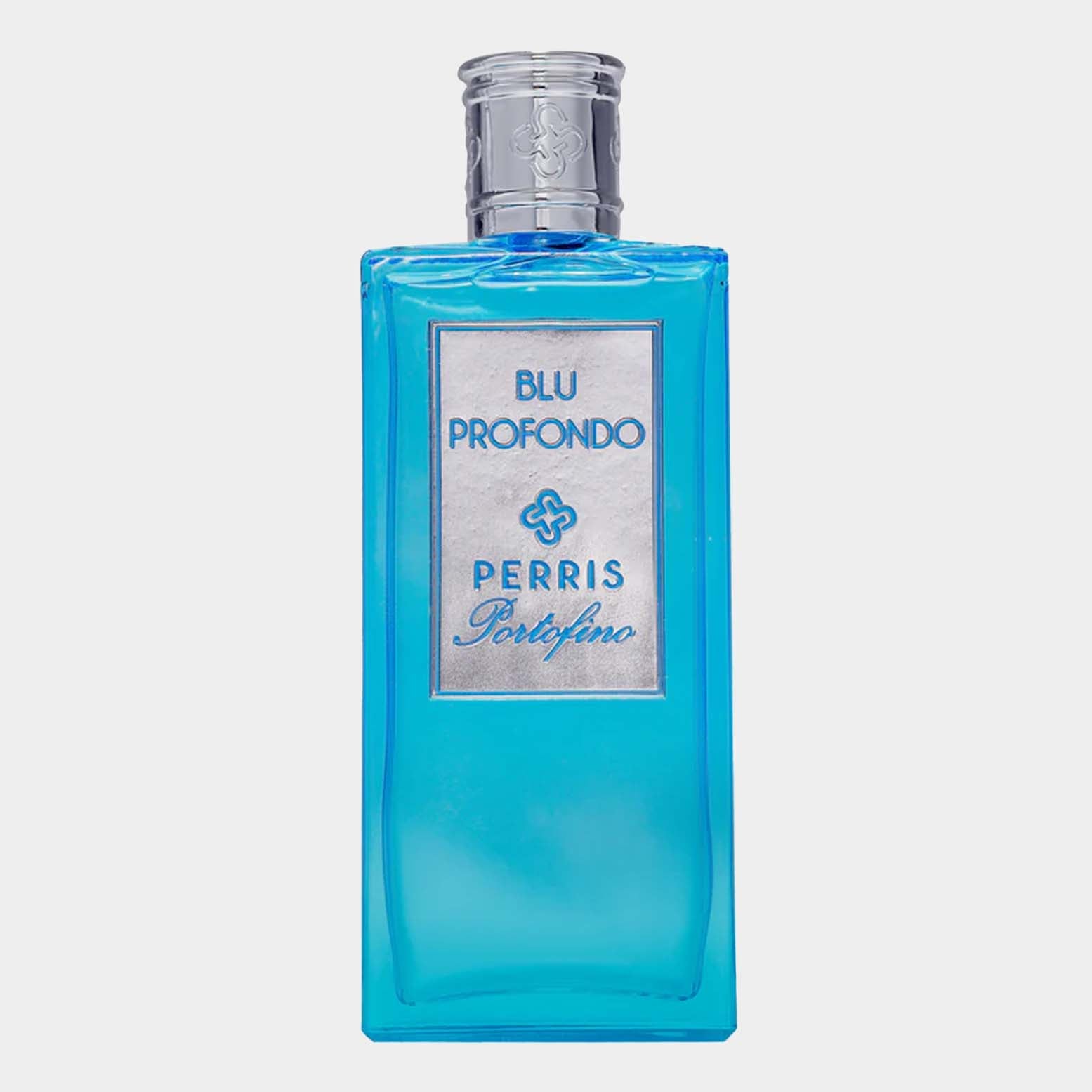 Perris Portofino Blu Profondo Sample, een elegant flesje met een levendige blauwe kleur, straalt frisheid en luxe uit. Perfect voor liefhebbers van verfijnde parfums.